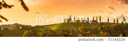 South styria vineyards panorana, Tuscany of Austria. Sunrise in autumn. South styria vineyards panorana, Tuscany of Austria. Sunrise in autumn. 71148329