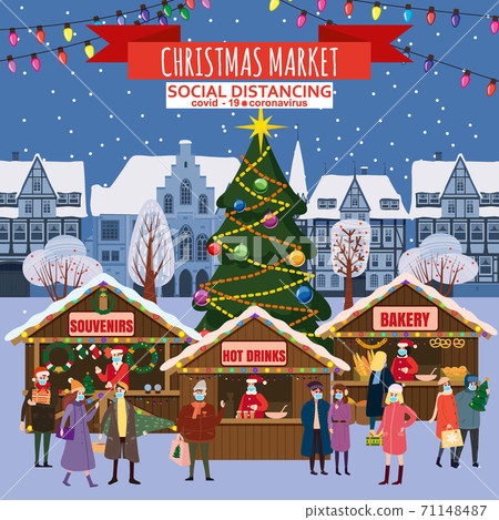 Christmas Market holiday fairs or festive on city square. In conditions of the COVID 2019 pandemic sellers in medical masks, Social distancing. People walk and buy between canopy, stalls, kiosks Christmas Market holiday fairs or festive on city square. In conditions of the COVID 2019 pandemic sellers in medical masks, Social distancing. People walk and buy between canopy, stalls, kiosks 71148487