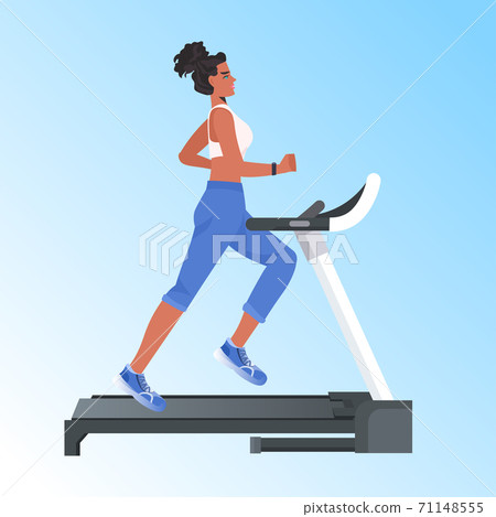 woman running on treadmill african american girl doing fitness exercises training healthy lifestyle concept woman running on treadmill african american girl doing fitness exercises training healthy lifestyle concept 71148555