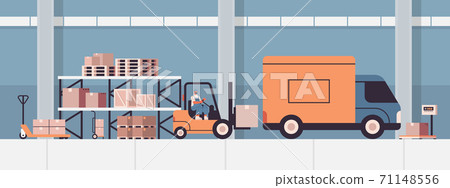 forkplift driver loading cardboard boxes in van product goods shipping delivery service concept warehouse interior forkplift driver loading cardboard boxes in van product goods shipping delivery service concept warehouse interior 71148556