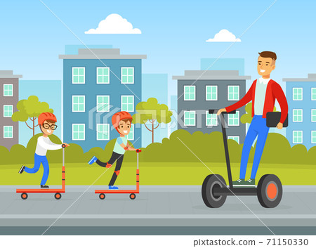Summer Outdoor Activities, Children Riding Kick Scooter, Young Man Riding Hoverboard on City Street Cartoon Vector Illustration 71150330