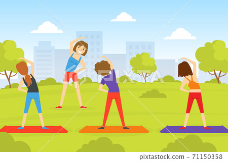 Group of Young Women Doing Fitness on Nature,... - Stock Illustration ...