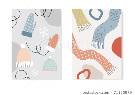 Set of Christmas Scandinavian greeting cards, invitations. Knitted scarfs, caps and gloves. Abstract geometric shapes with snowflakes. Scandinavian flat design. Winter holidays and lifestyle concept. Set of Christmas Scandinavian greeting cards, invitations. Knitted scarfs, caps and gloves. Abstract geometric shapes with snowflakes. Scandinavian flat design. Winter holidays and lifestyle concept. 71150979
