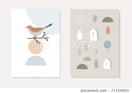 Set of Christmas Scandinavian greeting cards, invitations. Bird siting on bare branch. Abstract geometric shapes. Nordic landscape with trees and houses. Retro design, Vector illustration background. Set of Christmas Scandinavian greeting cards, invitations. Bird siting on bare branch. Abstract geometric shapes. Nordic landscape with trees and houses. Retro design, Vector illustration background. 71150983