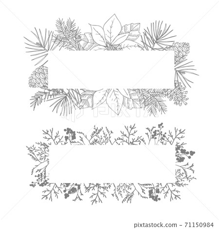 Christmas decorative vintage banners set. Holiday floral frames. Garland of hand drawn pine, yew tree branches and pine cones. Poinsettia, berries and dry grass Isolated engraving illustrations Christmas decorative vintage banners set. Holiday floral frames. Garland of hand drawn pine, yew tree branches and pine cones. Poinsettia, berries and dry grass Isolated engraving illustrations 71150984