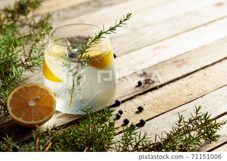 Alcohol drink (gin tonic cocktail) with lemon, juniper branch, and ice on rustic wooden table. Alcohol drink (gin tonic cocktail) with lemon, juniper branch, and ice on rustic wooden table. 71151006