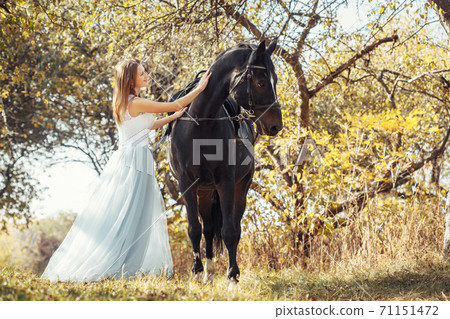 woman in white wedding dress walking with a horse in autumn park 71151472