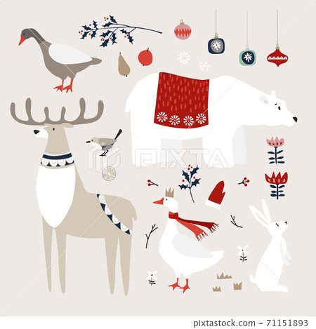 Set of cute Christmas animals, birds and decoratione icons. Polar bear, deer and goose birds with white rabbit. Christmas ornaments with holly, fruit and flowers. Vintage flat design. Isolated vectors 71151893