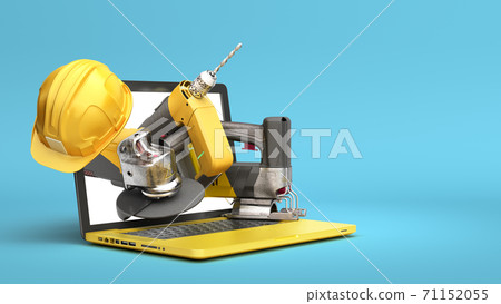 online calculation of construction costs building supplies fly out from laptop with a blank screen 3d render on blue gradient 71152055