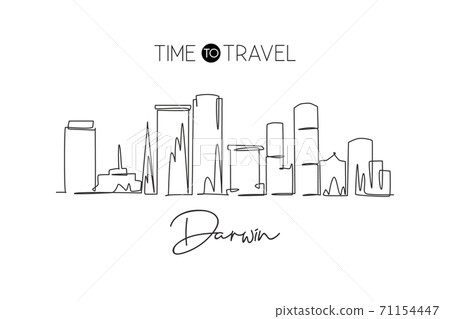 Single continuous line drawing Darwin city skyline, Australia. Famous city scraper and landscape 71154447