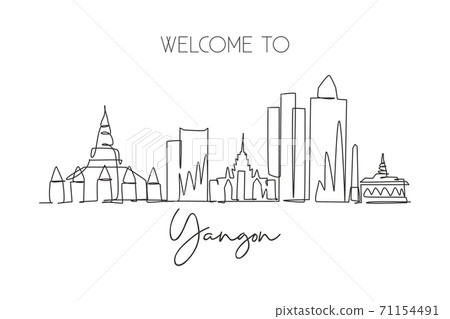 One single line drawing of Yangon city skyline, Myanmar. Historical town landscape in the world One single line drawing of Yangon city skyline, Myanmar. Historical town landscape in the world 71154491