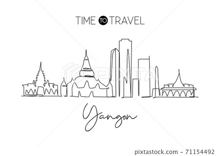 Single continuous line drawing of Yangon city skyline, Myanmar. Famous city scraper landscape 71154492