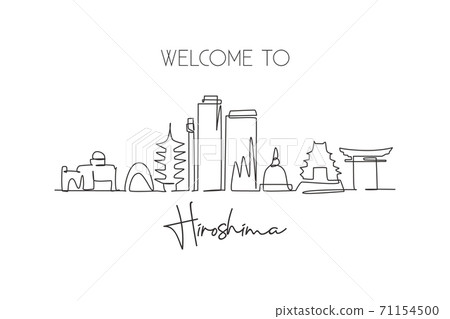 One continuous line drawing Hiroshima city skyline, Japan. Beautiful landmark 71154500