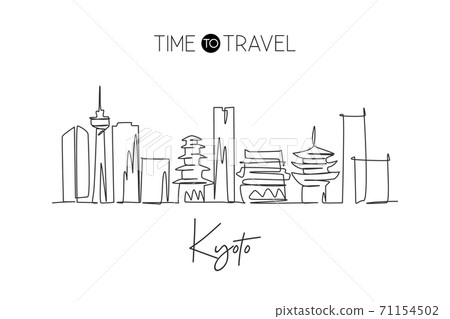 One continuous line drawing Kyoto city skyline, Japan. Beautiful landmark. World landscape tourism One continuous line drawing Kyoto city skyline, Japan. Beautiful landmark. World landscape tourism 71154502