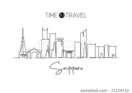 One continuous line drawing of Sapporo city skyline, Japan. Beautiful landmark One continuous line drawing of Sapporo city skyline, Japan. Beautiful landmark 71154510