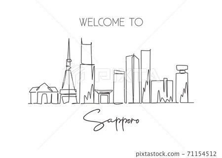 Single continuous line drawing of Sapporo city skyline, Japan. Famous city scraper and landscape Single continuous line drawing of Sapporo city skyline, Japan. Famous city scraper and landscape 71154512