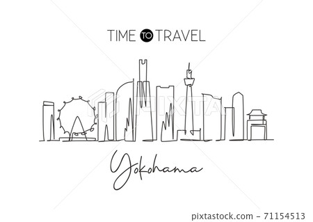 One single line drawing of Yokohama city skyline, Japan. Historical town landscape 71154513