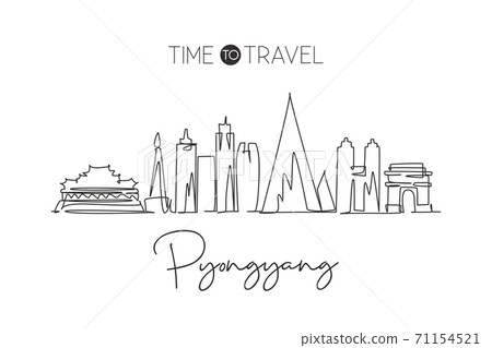 One continuous line drawing of Pyongyang city skyline, North Korea. Beautiful landmark One continuous line drawing of Pyongyang city skyline, North Korea. Beautiful landmark 71154521