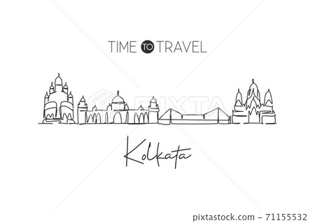 Single continuous line drawing of Kolkata city skyline, India. Famous city scraper and landscape Single continuous line drawing of Kolkata city skyline, India. Famous city scraper and landscape 71155532
