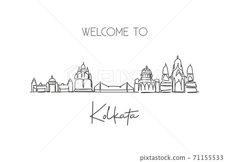 One single line drawing of Kolkata city skyline, India. Historical town landscape in the world One single line drawing of Kolkata city skyline, India. Historical town landscape in the world 71155533