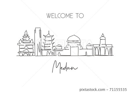 Single continuous line drawing of Medan city skyline, Indonesia. Famous city scraper and landscape Single continuous line drawing of Medan city skyline, Indonesia. Famous city scraper and landscape 71155535