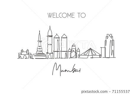 One continuous line drawing Mumbai city skyline, India. Beautiful city landmark home decor One continuous line drawing Mumbai city skyline, India. Beautiful city landmark home decor 71155537
