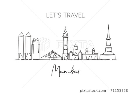 Single continuous line drawing of Mumbai city skyline, India. Famous city scraper and landscape Single continuous line drawing of Mumbai city skyline, India. Famous city scraper and landscape 71155538