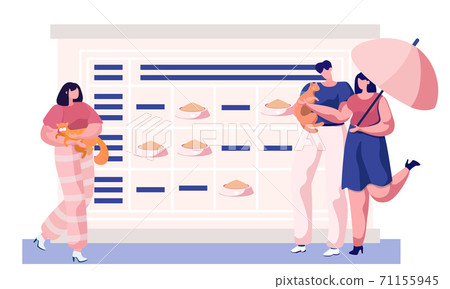 Couple walking with cat holding it. Animal care, feeding, meal schedule with food bowls marked Couple walking with cat holding it. Animal care, feeding, meal schedule with food bowls marked 71155945