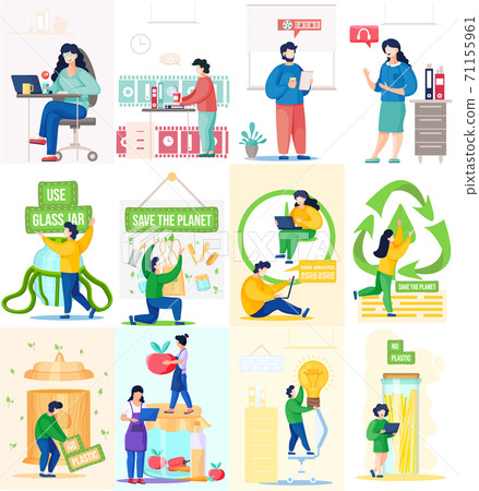 People in ofiice working and save the planet ecological concept scenes set. Healthy lifestyle 71155961