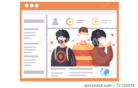 Group of people wearing protective medical face masks. Information page about spread of the virus Group of people wearing protective medical face masks. Information page about spread of the virus 71156076