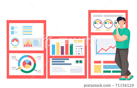 Businessman makes presentation near report with graphs and charts. Speaker leads workshop Businessman makes presentation near report with graphs and charts. Speaker leads workshop 71156129