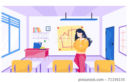 Female teacher at school for seamstresses explains topic. Sewing lesson. Yellow board with pattern 71156135
