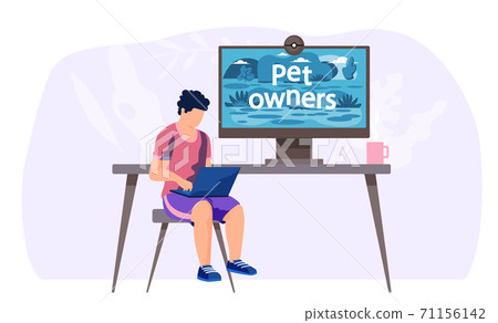 Video blog for pet owners, young man sitting with laptop near computer screen with lettering 71156142