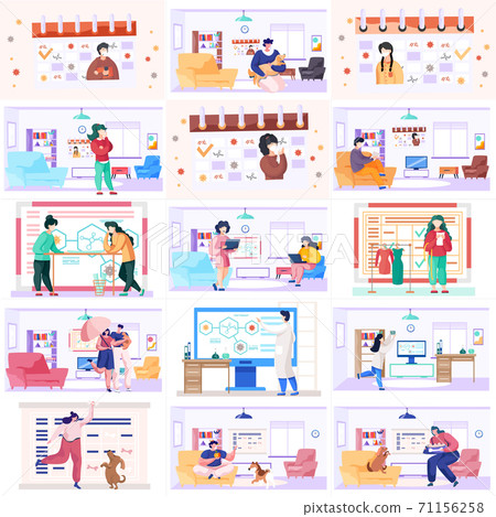 Pet owner in the interior of the room with domestic animal. Sewing workshop, coronavirus statistics Pet owner in the interior of the room with domestic animal. Sewing workshop, coronavirus statistics 71156258