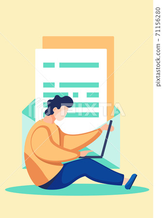Office worker man sitting on the floor with a laptop. Businessman or a clerk working at his computer 71156280
