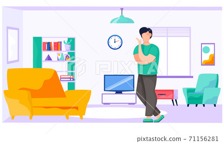 Young man is standing in living room with chair, window, bookcase at home. Flat style vector 71156281