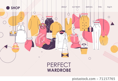 Perfect wardrobe vector banner template. Outline drawing style, women casual and formal clothes and bags on hangers. Pink and yellow fashion elements 71157765