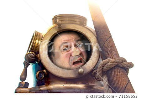 Portrait of man in old diving suit and helmet, isolated on white background.  71158652