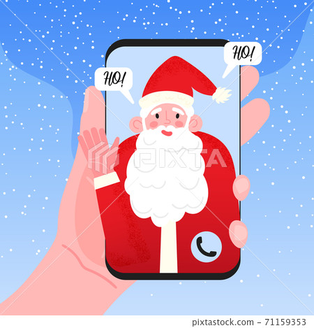 Video call to Santa Claus. Merry Christmas and Happy New Year greetings through incoming call and online video chat. Hand holding smartphone, virtual Xmas during pandemia lockdown 71159353