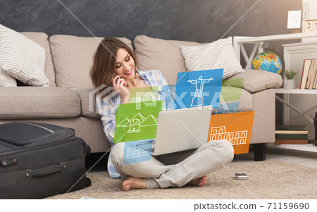 Woman Using Laptop Choosing Travel Destination Indoors, Collage With Landmarks 71159690
