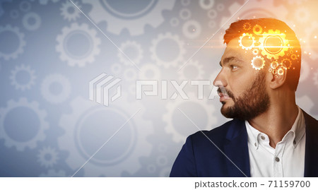 Side view of SEO manager thinking over business ideas and looking at blank space, collage with mechanic gears Side view of SEO manager thinking over business ideas and looking at blank space, collage with mechanic gears 71159700