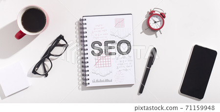 Word Seo On Notebook Over White Office Table Background, Collage Word Seo On Notebook Over White Office Table Background, Collage 71159948