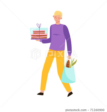 Young Man Carrying Birthday Cake and Shopping Bag Vector Illustration 71160900