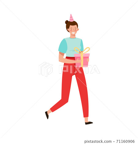 Young Woman in Birthday Hat Carrying Wrapped Gift Box Vector Illustration 71160906