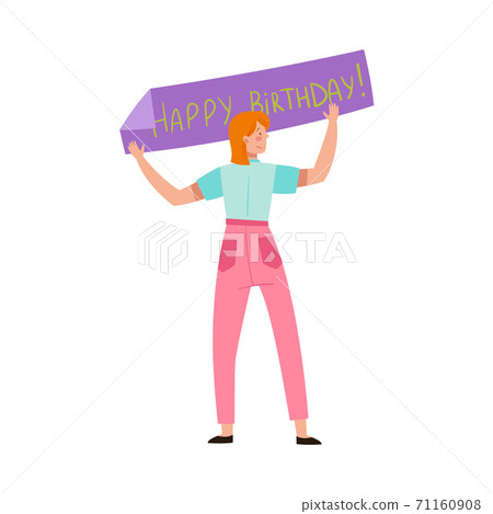 Young Woman Hanging Placard with Congratulation Vector Illustration 71160908