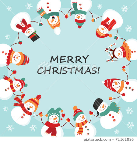 Christmas card. Round dance of snowmen. Vector illustration Christmas card. Round dance of snowmen. Vector illustration 71161056