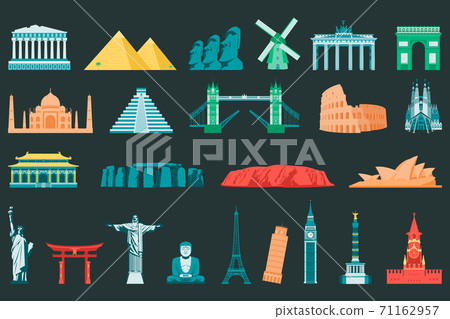 World landmarks flat icon set. Travel and Tourism. Vector 71162957