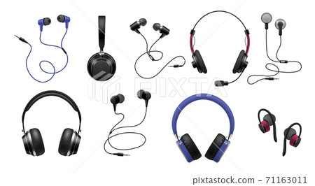 Music earphones. Realistic black stereo audio headphone, electronic personal small portable sound earbud set, musical accessory advertisement, 3d collection vector illustration 71163011