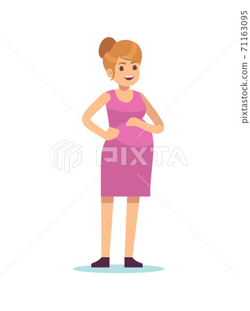 Pregnant woman. Happy pregnancy female standing in pink dress, waiting for child, simple character with big belly, motherhood and family concept, cute cartoon flat vector character Pregnant woman. Happy pregnancy female standing in pink dress, waiting for child, simple character with big belly, motherhood and family concept, cute cartoon flat vector character 71163095