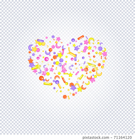 Sprinkle with grains of desserts. Abstract heart shaped frame Squirting grainy with stars, moon, circles on a transparent background. Design for holiday designs, party, birthday, invitation. Vector Sprinkle with grains of desserts. Abstract heart shaped frame Squirting grainy with stars, moon, circles on a transparent background. Design for holiday designs, party, birthday, invitation. Vector 71164120